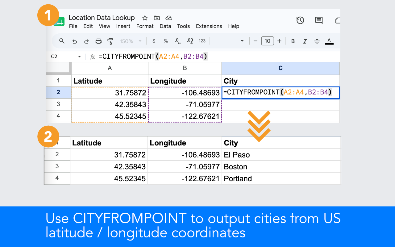 Call the CityFromPoint function to reverse geocode latitude and longitude to city name