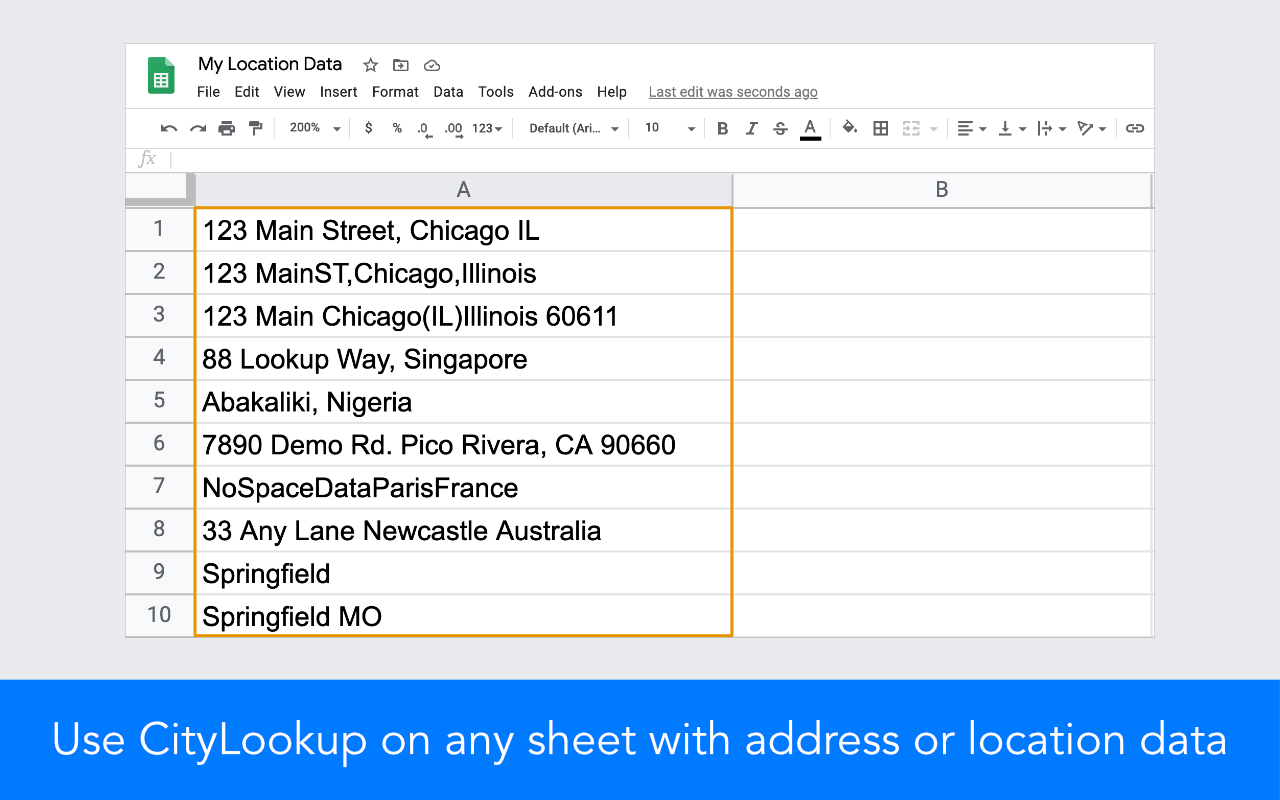 Use CityLookup on any sheet with address or location data