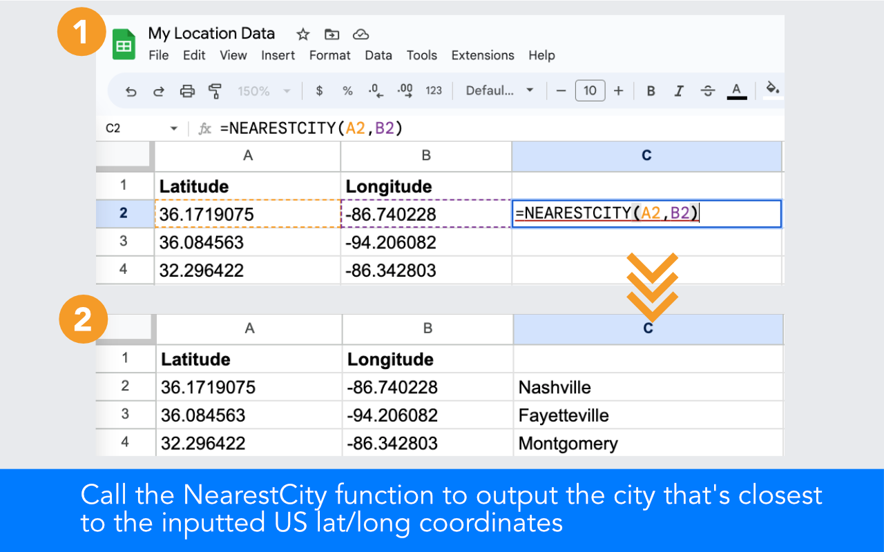 Call the NearestCity function to output the city closest to the inputted US latitude and longitude